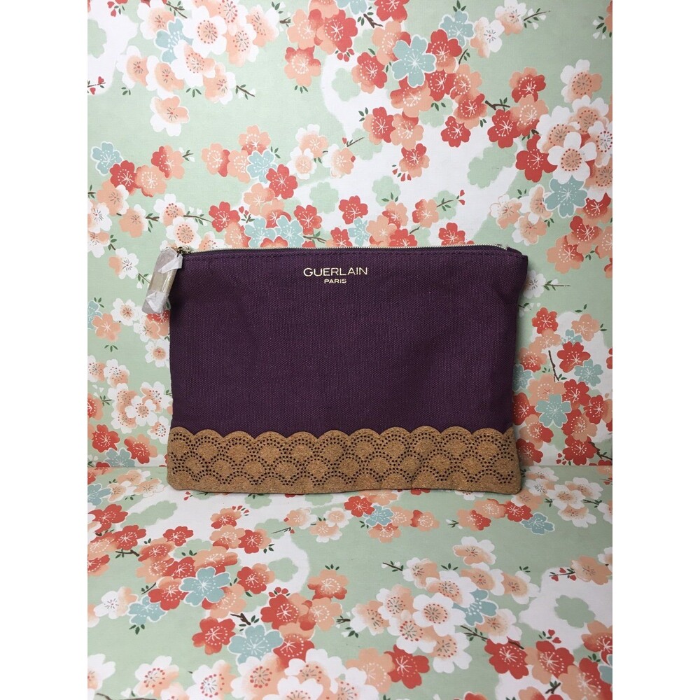 Guerlain Paris Purple & Pattern punctured cork Gold hardware Cosmetic Beauty Bag